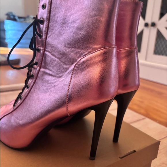 Pink Lace-Up Peep Toe Heeled Boots - Picture 4 of 6